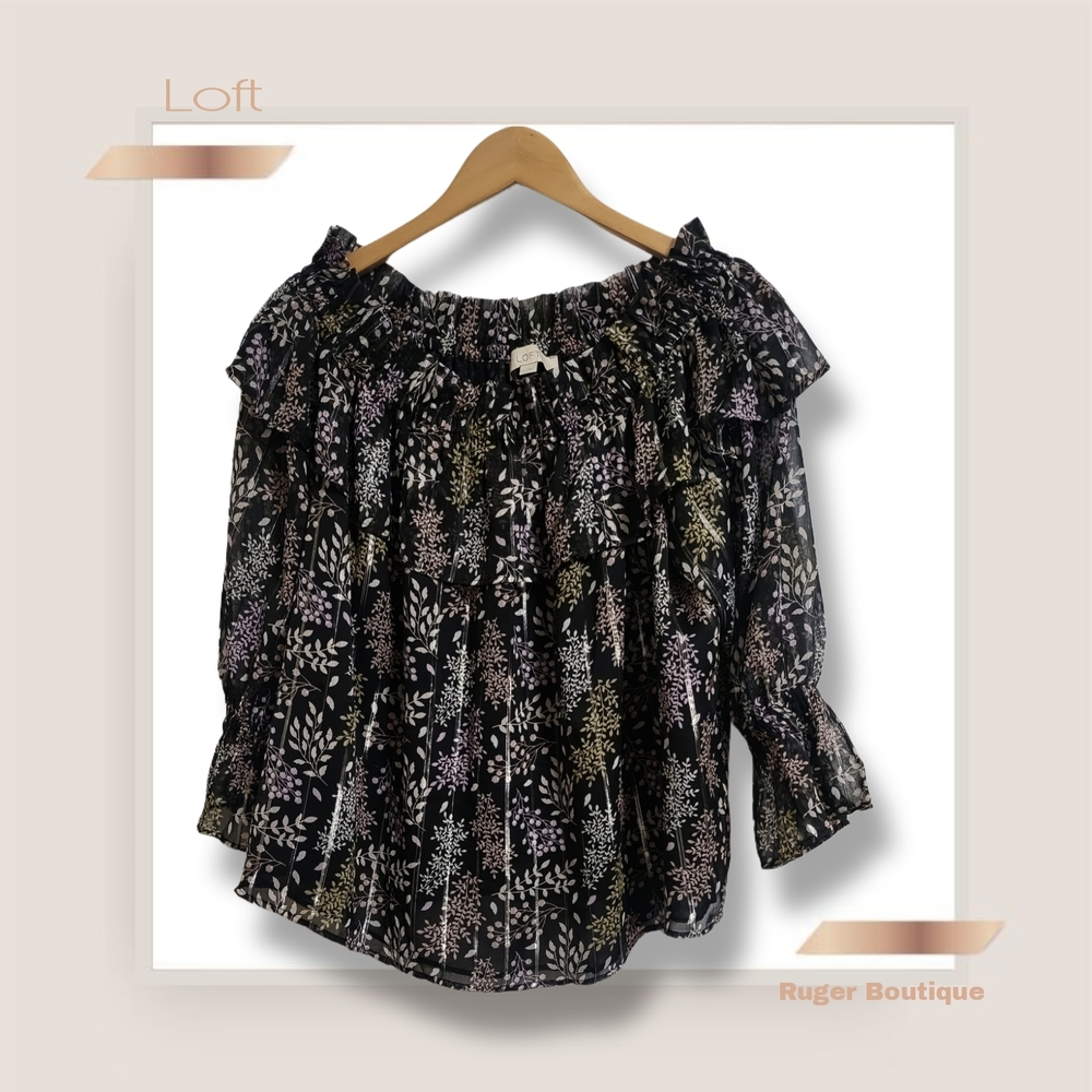 🌿Loft Black Metallic Leaf Print Off-Shoulder Top, Women's Medium - Picture 3 of 13